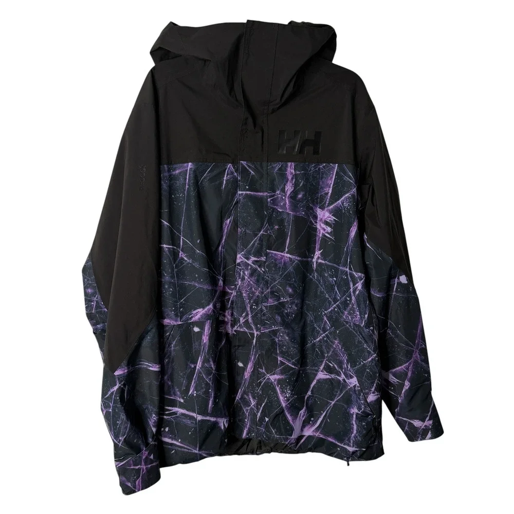 Helly Hansen ULLR Ski Jacket XL Relaxed Fit Purple Black Ice Print Hooded Shell